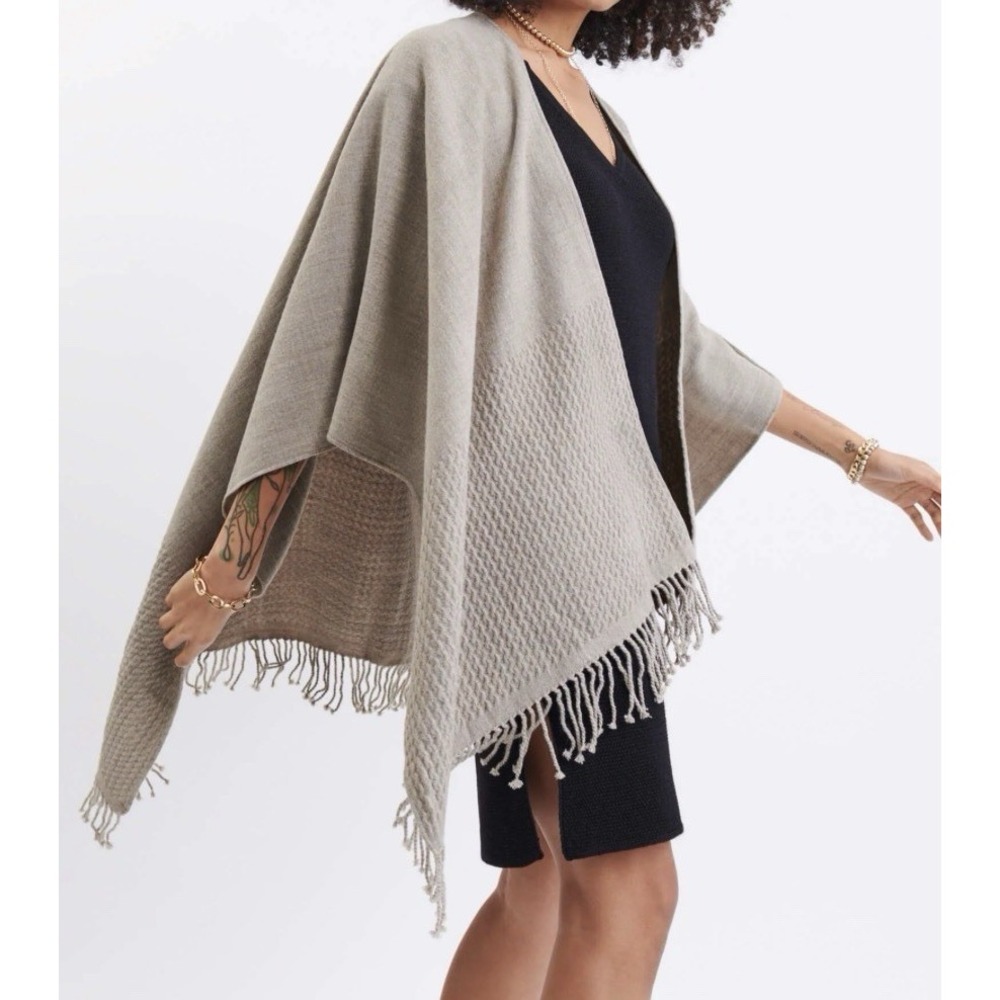 MerSea Classic Travel Wrap Knit Poncho in Beige With Fringe One Size